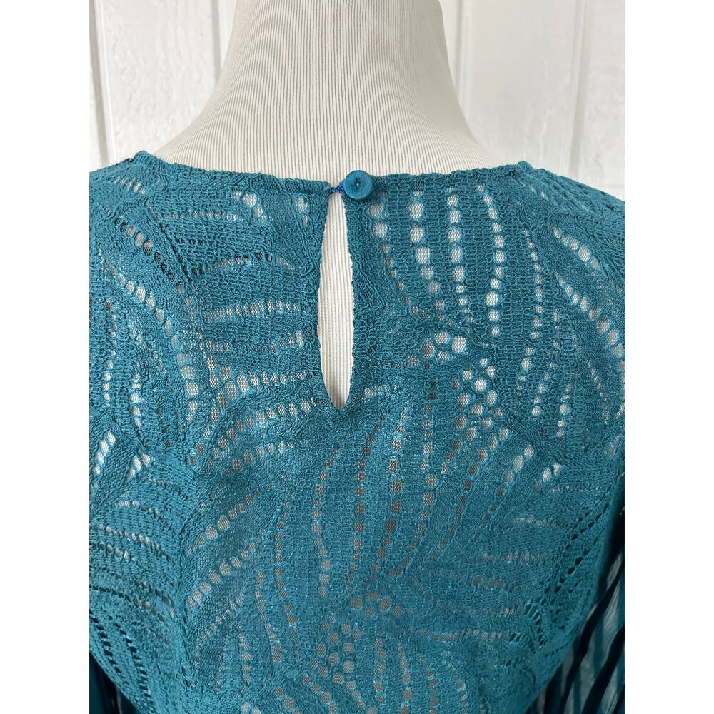 BCBG Maxazaria Teal Lace Sheer Stripe Babydoll Dress Long Sleeve S - Picture 8 of 9